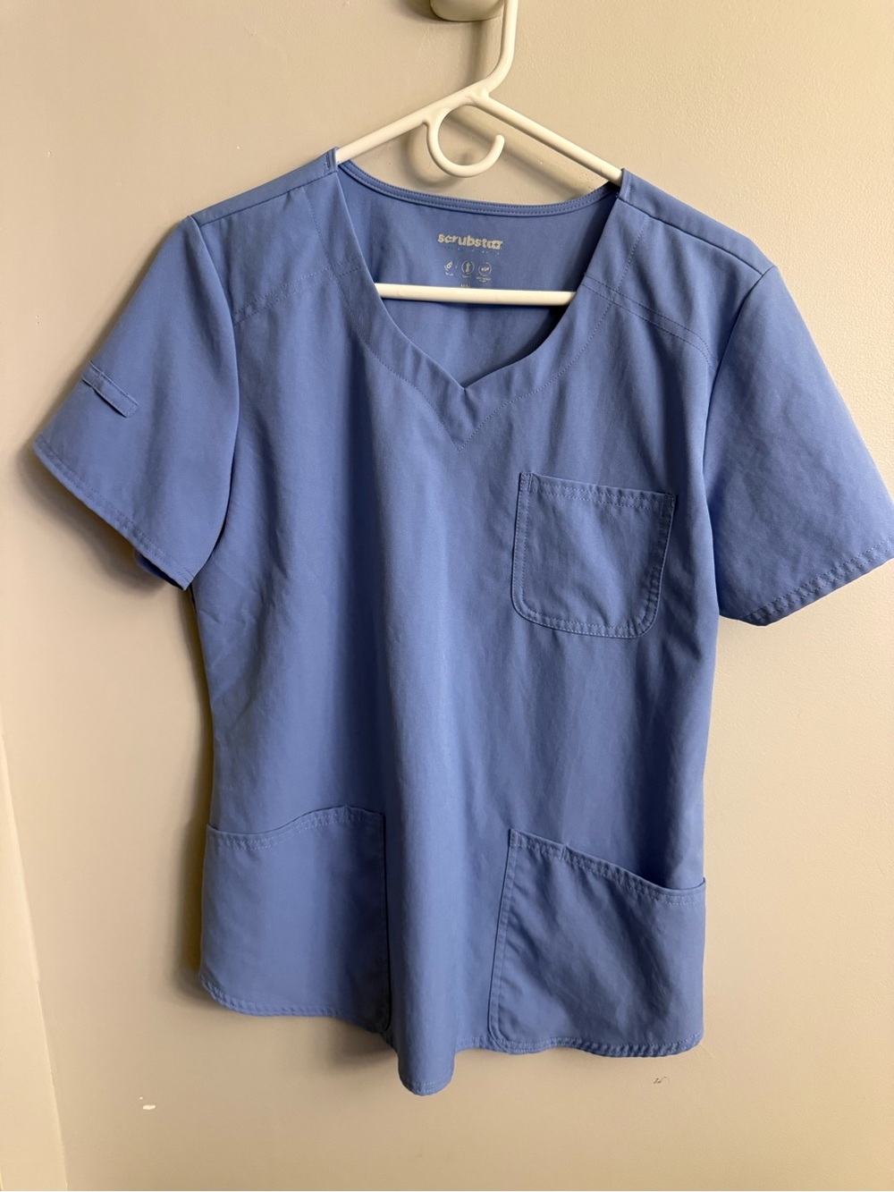 Scrubstar Blue V-Neck Scrub Top Medium Stretch Three Pockets